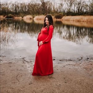 Pink Blush Red Chiffon Long Sleeve Maternity Dress